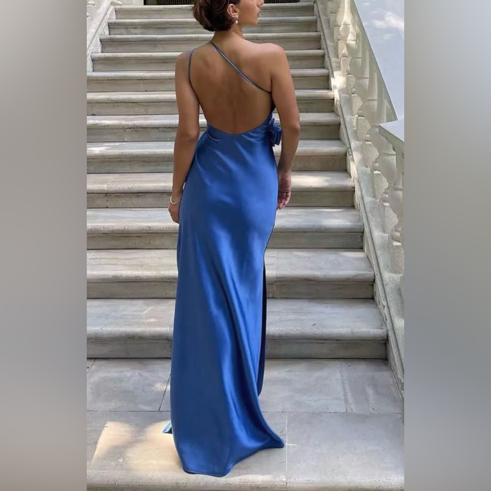 Satin Asymmetrical Open Back Maxi Dress with Rose Decor - Picture 5 of 5